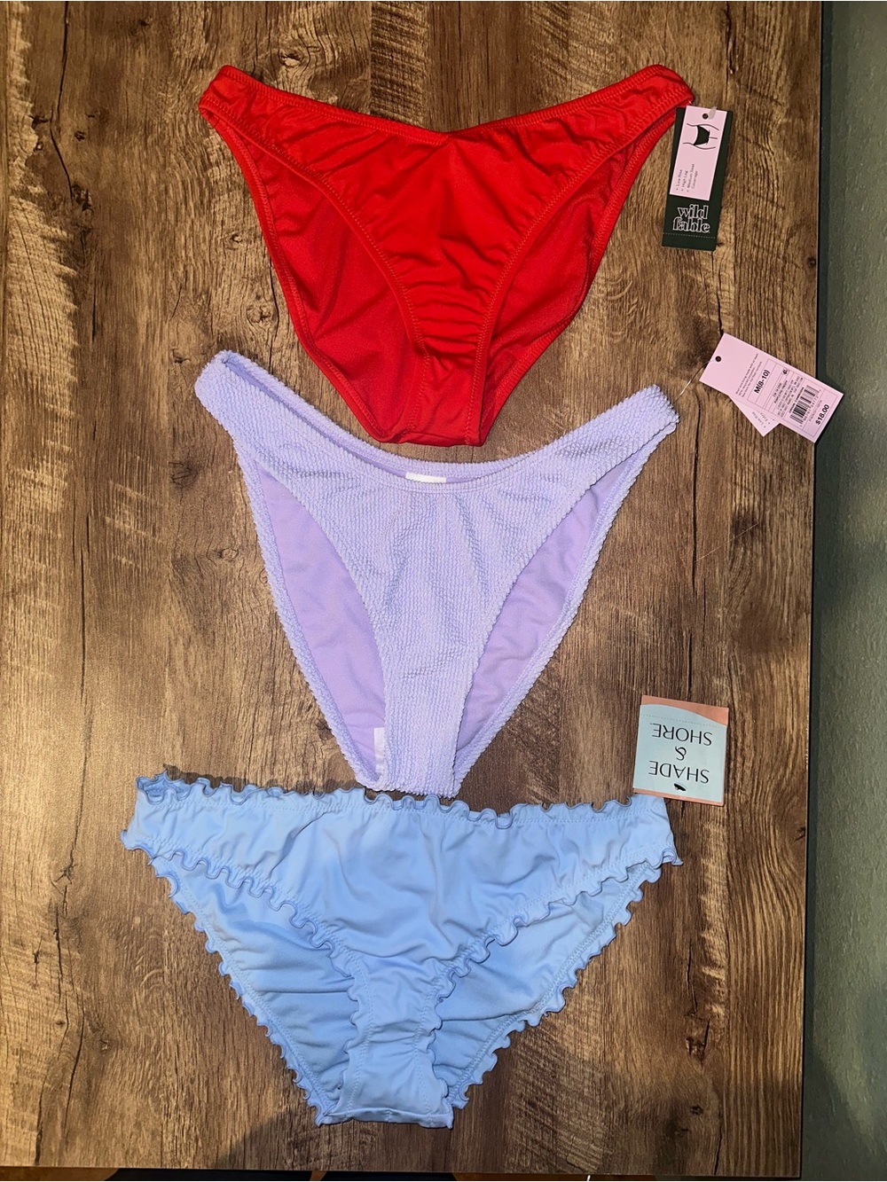 Shade & Shore Women’s Swim Briefs Trio in Red, Lilac, and Light Blue $55 retail